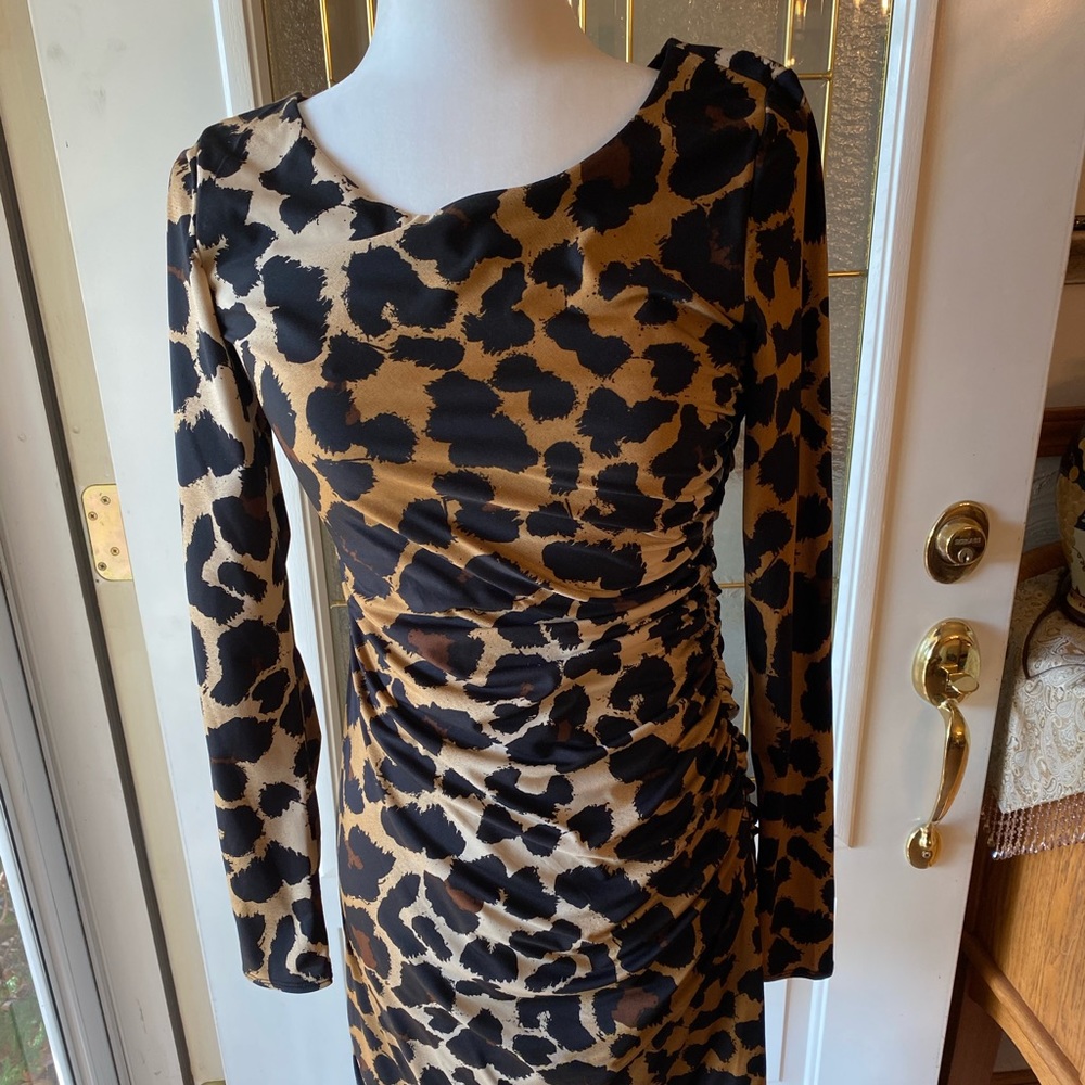 INC Long Sleeve Leopard Ruched Dress